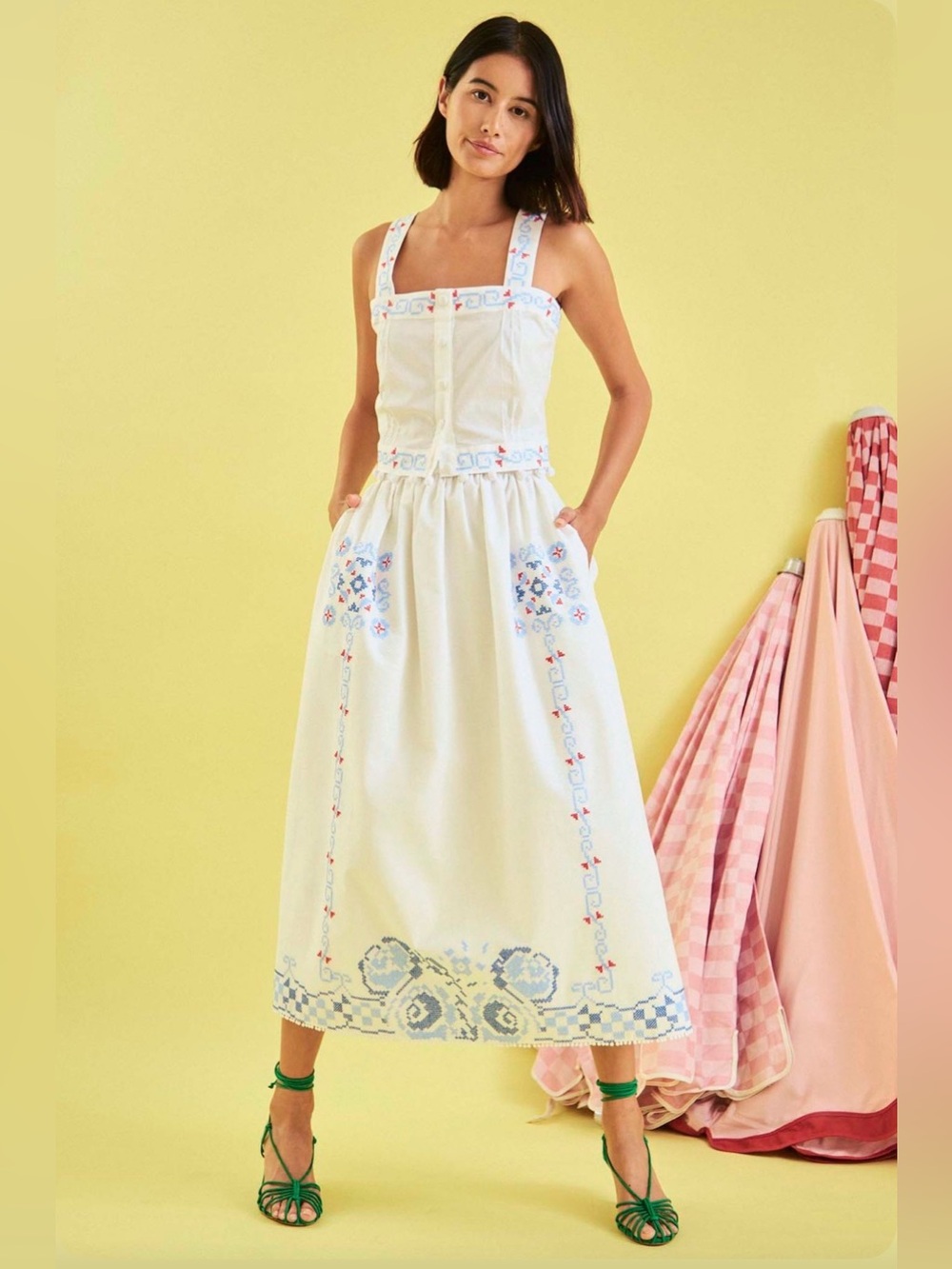 NWT Hunter Bell Tanner Coastal Mosaic Embroidered White Midi Skirt Size 8